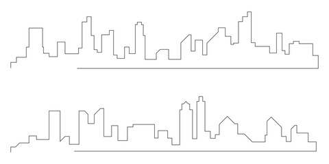 A minimalist continuous line drawing featuring two distinct modern urban city skylines with various abstract architectural buildings and structures silhouetted against a clean white background