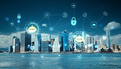Smart city skyline with IoT technology icons symbolizing secure and connected infrastructure on a bright urban waterfront background concept.