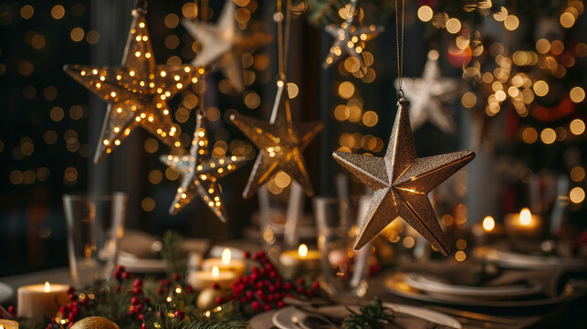 Hanging star lights and candles on Christmas table - Powered by Adobe