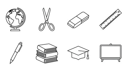 Set of eight black outline icons of school supplies and academic achievement