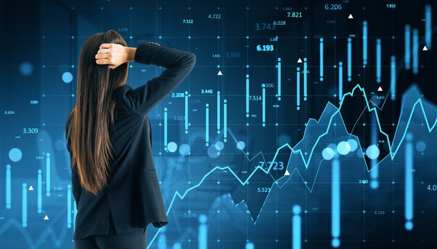 Businesswoman analyzing financial market data with digital stock graph and abstract currency index background in modern trading concept. - Powered by Adobe