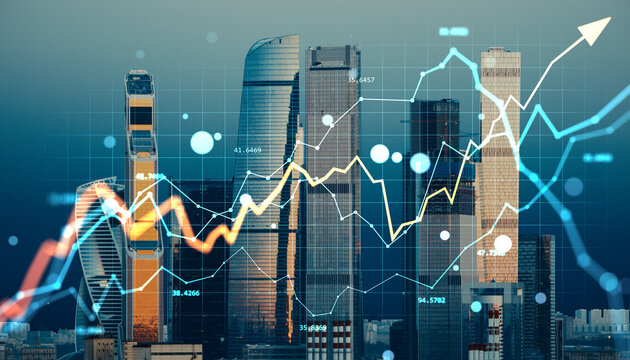 Financial chart and growth arrow overlay on Moscow city skyline with modern buildings representing real estate and economic market data trends. - Powered by Adobe