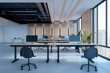 Plakat Modern open-plan office interior with minimalist furniture, natural lighting, and cityscape view through large windows. 3D Rendering