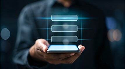 Man holding smartphone with glowing digital interface and rectangular data boxes floating above screen