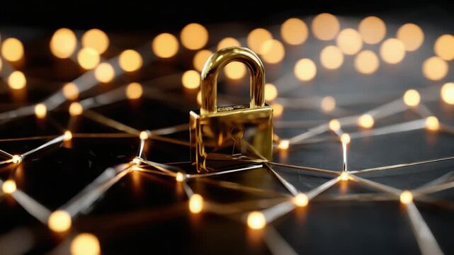 Cybersecurity Protection: A golden padlock sits prominently at the center of a complex network of illuminated nodes, symbolizing robust digital security and data protection.