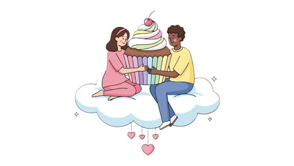 Sweet Cloud Couple: Two lovers holding a giant cupcake on cloud, representing the sweetness of love and the magic of dreams, a delightful visual metaphor for romance and fantasy.