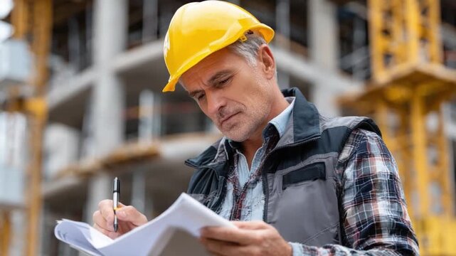 Construction Supervisor at Work: An experienced construction supervisor meticulously reviews blueprints at a construction site, overseeing the development and ensuring precision and safety.