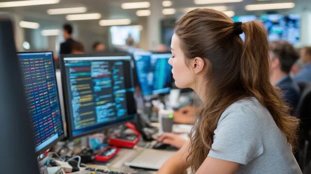 Data Analyst: A focused data analyst meticulously examines complex data on multiple computer screens, a dynamic representation of modern technological analysis. 