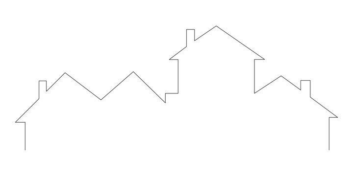 Continuous line art drawing of a modern residential neighborhood house skyline featuring multiple stylized building outlines and rooftops creating an abstract architectural illustration concept