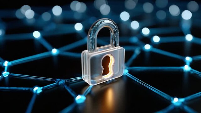 Digital Security Symbol: A luminescent padlock takes center stage, its metallic form interwoven with a network of glowing nodes.