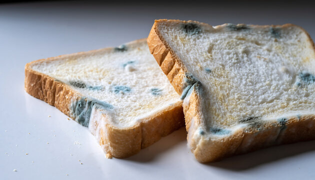 Expired White Bread Covered with Mold on Table, Realistic Food Spoilage and Food Safety Hazard Concept