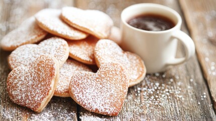 Heart-shaped cookies and coffee on a wooden table in the morning