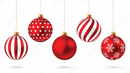 A collection of vibrant red christmas ornaments hanging from delicate strings showcasing various patterns and glossy finishes high-quality professional.