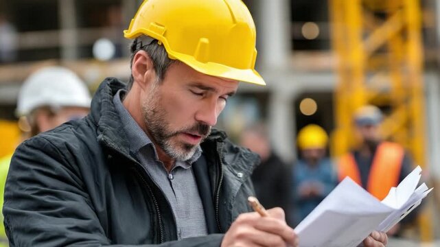 Construction Plan Review: An architect, clad in a yellow safety helmet, engrossed in blueprints at a construction site, overseeing the progress of the building process.