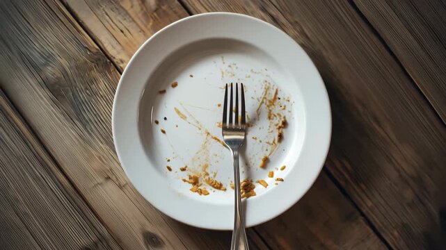 An empty white plate and a fork. There are still some leftover food on the plate on table