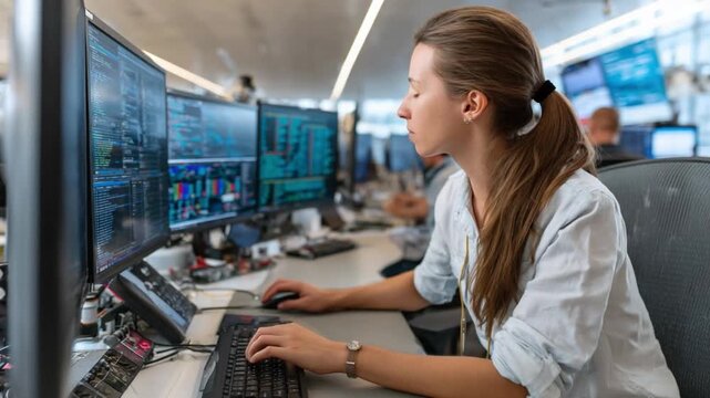 Concentration and Precision: A dedicated professional immersed in data analysis, her focused gaze fixed on the array of monitors. Her diligence and skill are evident in every keystroke.