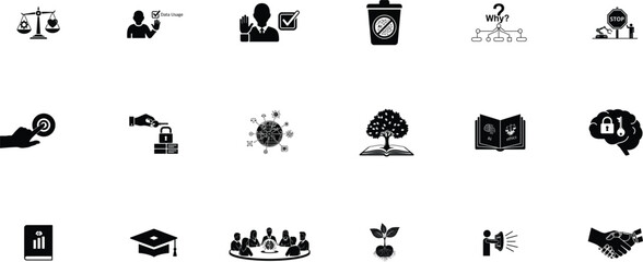 Collection of various icons and symbols on white  background.