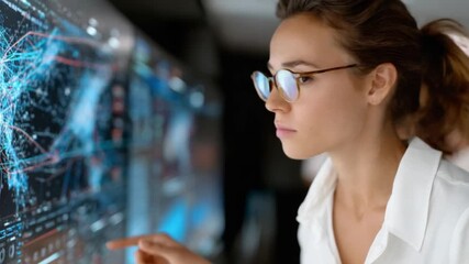 Data Analyst at Work: A focused data analyst, immersed in the digital realm, meticulously studies intricate data visualizations on a large interactive screen. - Powered by Adobe