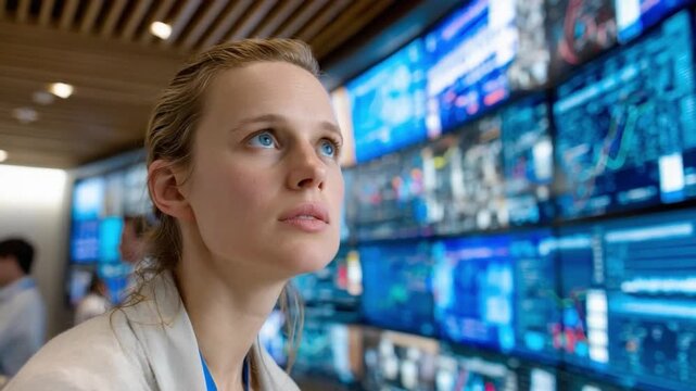 Focused Analyst: A contemplative analyst immersed in the intricate world of data visualization, surrounded by a multitude of screens displaying real-time information.
