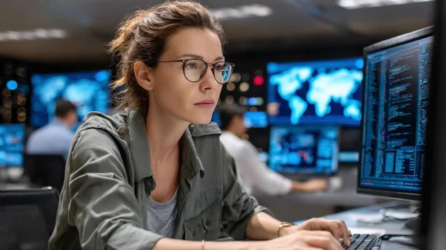Cybersecurity Professional Analyzing Data: A focused, intelligent individual works diligently at her computer terminal.