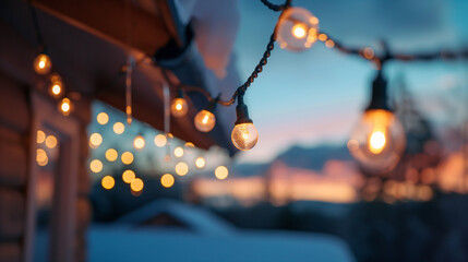 String lights hanging outside at sunset in winter