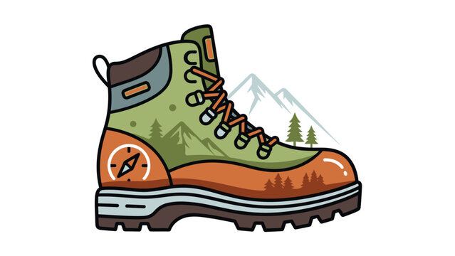 Vibrant vector illustration of a hiking boot featuring a scenic mountain landscape, evergreen trees, and a compass design, embodying outdoor adventure and wilderness exploration