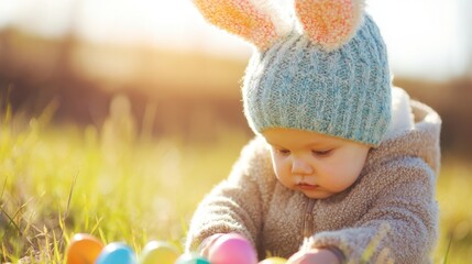 Baby explores colorful eggs in a sunny grass field during spring festival
