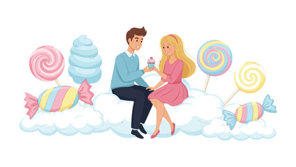Sweet Treats of Affection: A romantic illustration depicts a couple sharing a sweet moment amidst a whimsical setting of sweets, symbolizing love, care, and togetherness.