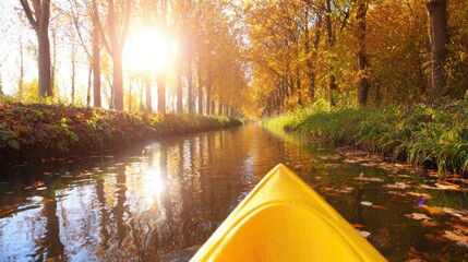 Kayaking on a calm river surrounded by autumn trees in evening light