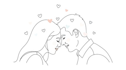 Eternal Connection: A tender moment of pure connection. This delicate line drawing illustrates a couple sharing a loving embrace. A cascade of hearts softly floats around them.