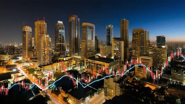 Financial District Skyline at Night: A captivating nightscape of a bustling financial district, illuminated by the glow of city lights, with stock market data overlaid, suggesting economic growth.