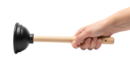 Hand holding black plunger tool for drain cleaning isolated on transparent background