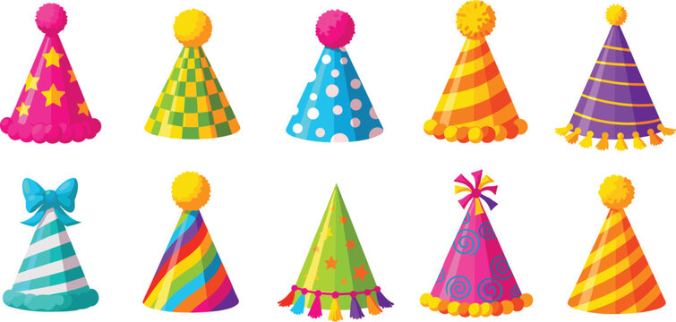 Colorful party hat vector set with festive birthday and celebration cone hats in cute cartoon style isolated on white backgroundColorful party hat vector set with festive birthday and celebration