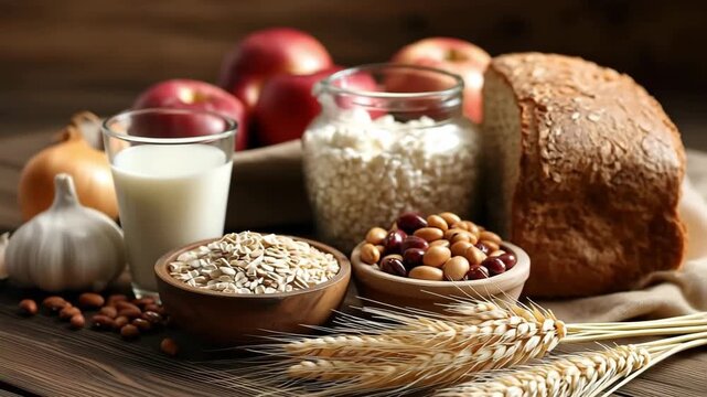Food composition showing high FODMAP foods to avoid, apples, onions, garlic, wheat bread, milk glass, beans in bowls on wooden table
