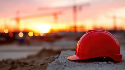 Construction site at sunset with a red hard hat on the ground