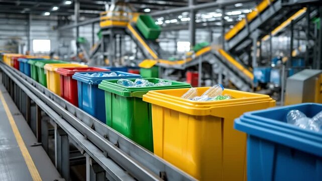 Plastic bottles and containers into color-coded recycling bins at a modern waste processing plant. Conveyor belts and large machinery in the background