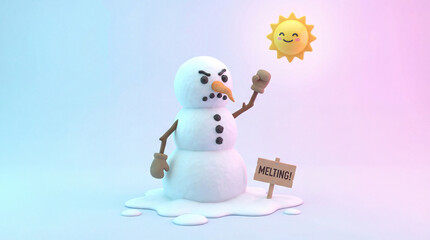 Climate change global warming humor concept showing melting snowman with sun and sign illustrating environmental crisis temperature rise winter loss and seasonal change awareness message