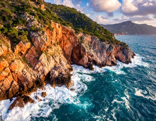Coastal landscape featuring vibrant cliffs meeting turquoise sea