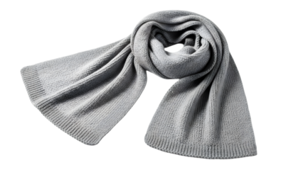 Folded gray knitted scarf with textured weave detail isolated on transparent background