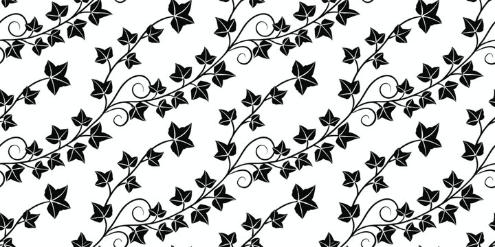 Black ivy vine pattern with star-shaped leaves and swirling tendrils on a white background seamless