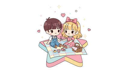 Sweet Picnic Date: A cute couple enjoy a romantic picnic on a star-shaped blanket, surrounded by hearts and stars. The scene exudes warmth, affection, and the innocent charm of young love. 