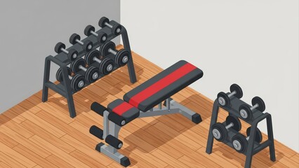 Isometric Home Gym Setup with Dumbbell Racks and Adjustable Bench.