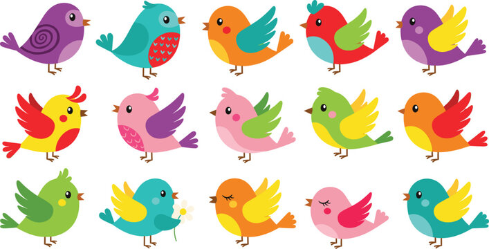 Cute colorful cartoon bird characters vector set with small flying birds in playful flat illustration