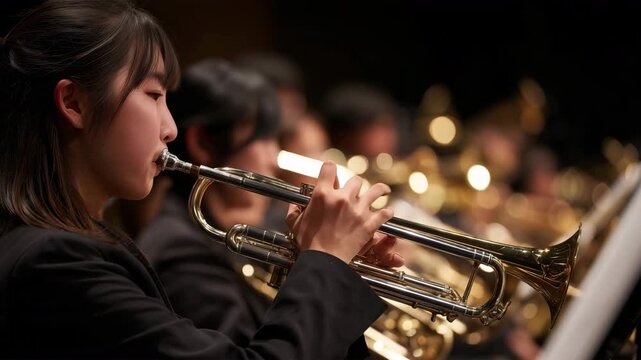 女性がトランペットを吹き、輝く金管の響きを奏でる姿