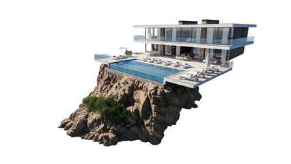 Modern luxury villa with infinity pool on cliffside isolated on transparent background