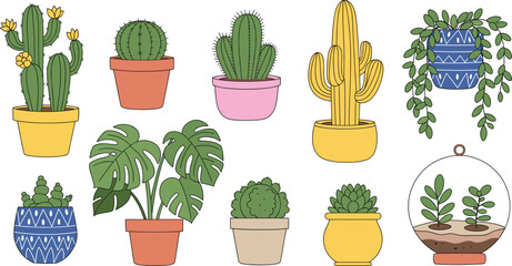 Cute potted houseplants and cactus vector set with indoor plants monstera hanging pots and terrarium in colorful flat illustration style