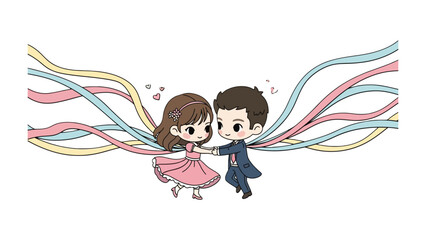 Dancing Duo: A charming cartoon couple shares a tender moment. Delicate ribbons dance in the breeze, symbolizing the bonds of love and unity. A heartfelt illustration.