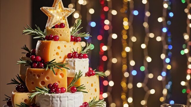 elegant dessert displays, colorful layered cake with decorations, festive cake adorned with berries and lights, beautifully decorated multilayer cheesecake with shimmering accents and berries.