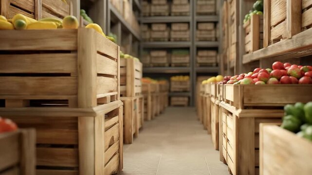 Close up wooden crates of fresh produce (fruits and vegetables) in modern food supply warehouse, shows tall warehouse shelves full of cardboard boxes