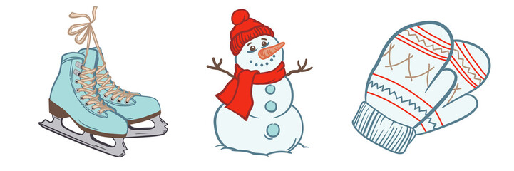 Winter elements - knitted mittens, snowman in a red scarf and hat,  classic ice skates. Sketch Illustration on a transparent background